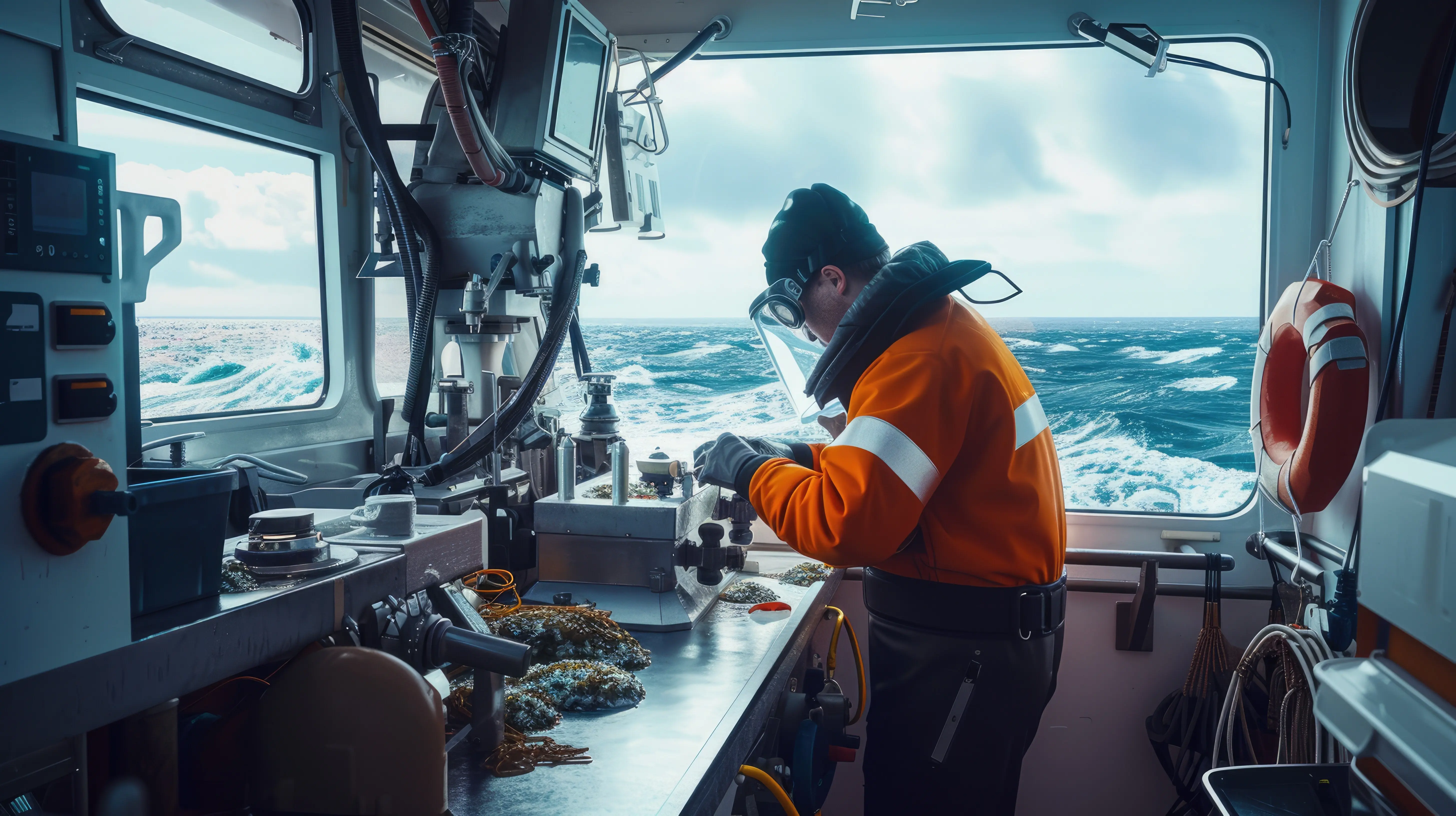 Professionelle/r Meeresbiologe/in reinigt ein Schiff während einer Bootsfahrt aig