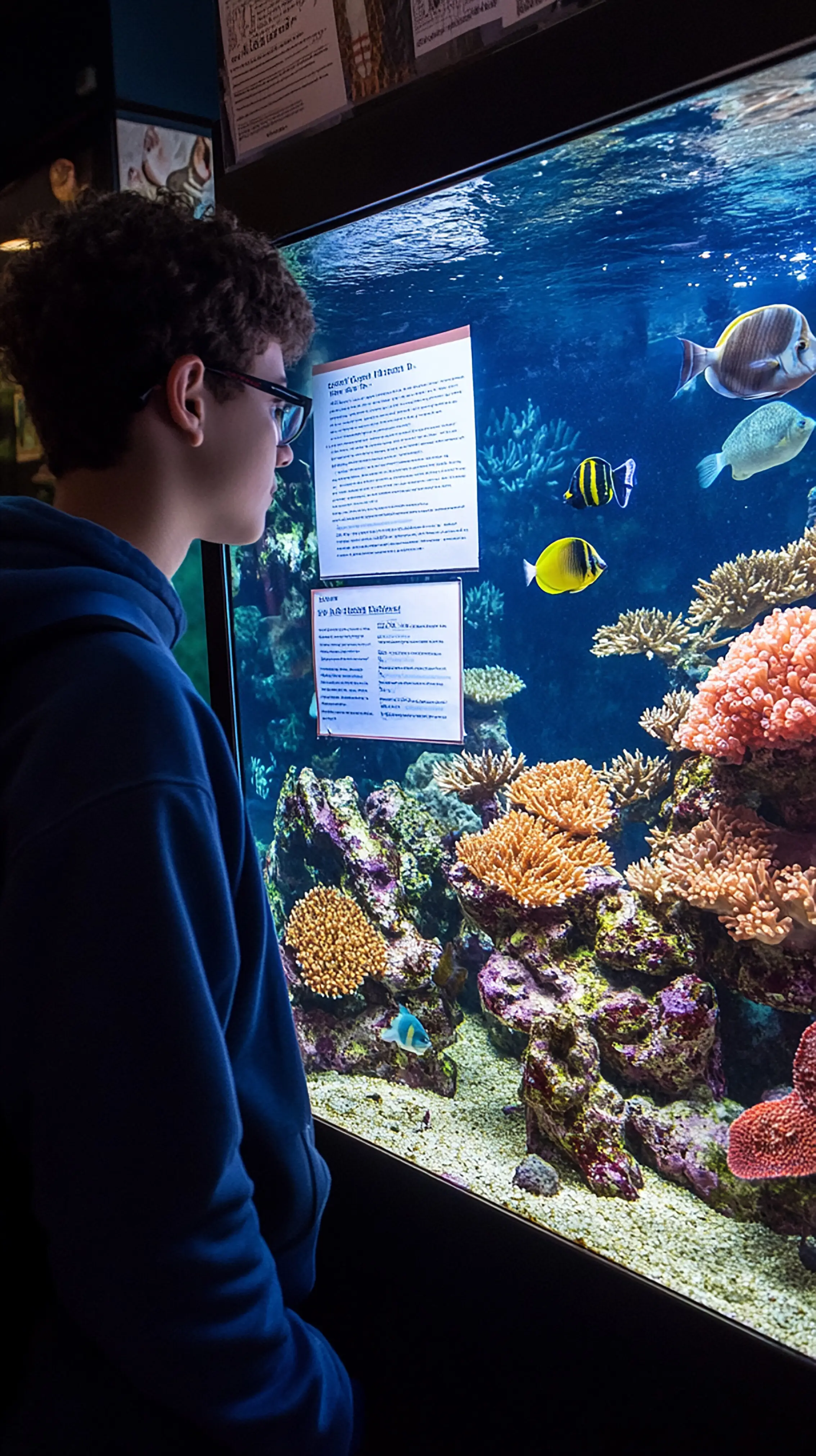 Ein Student stellt auf einer Wissenschaftsmesse ein Meeresbiologie-Projekt vor.