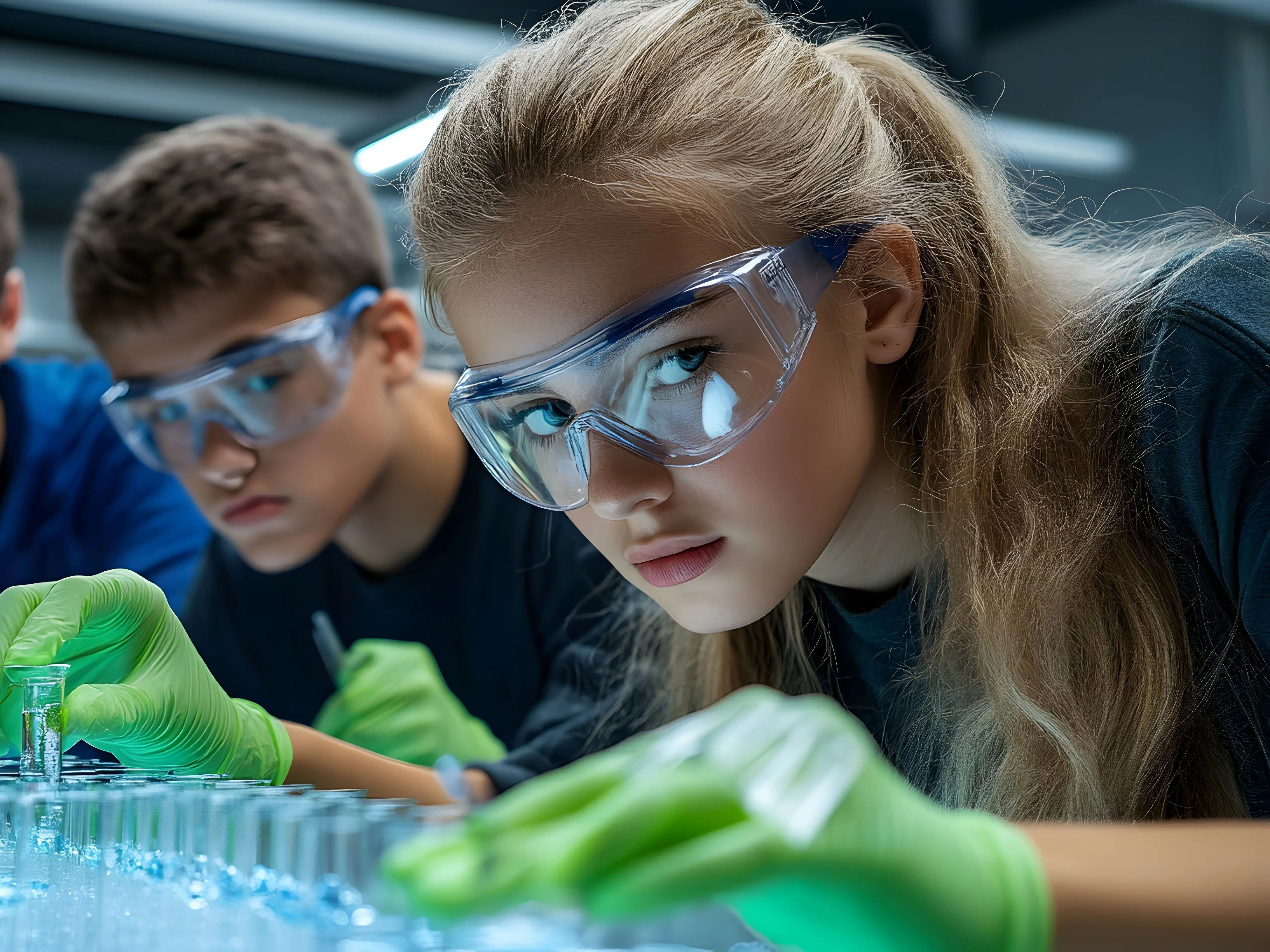 Junge*r Wissenschaftler*in im Laborkittel und mit Schutzbrille beim Untersuchen von Reagenzgläsern