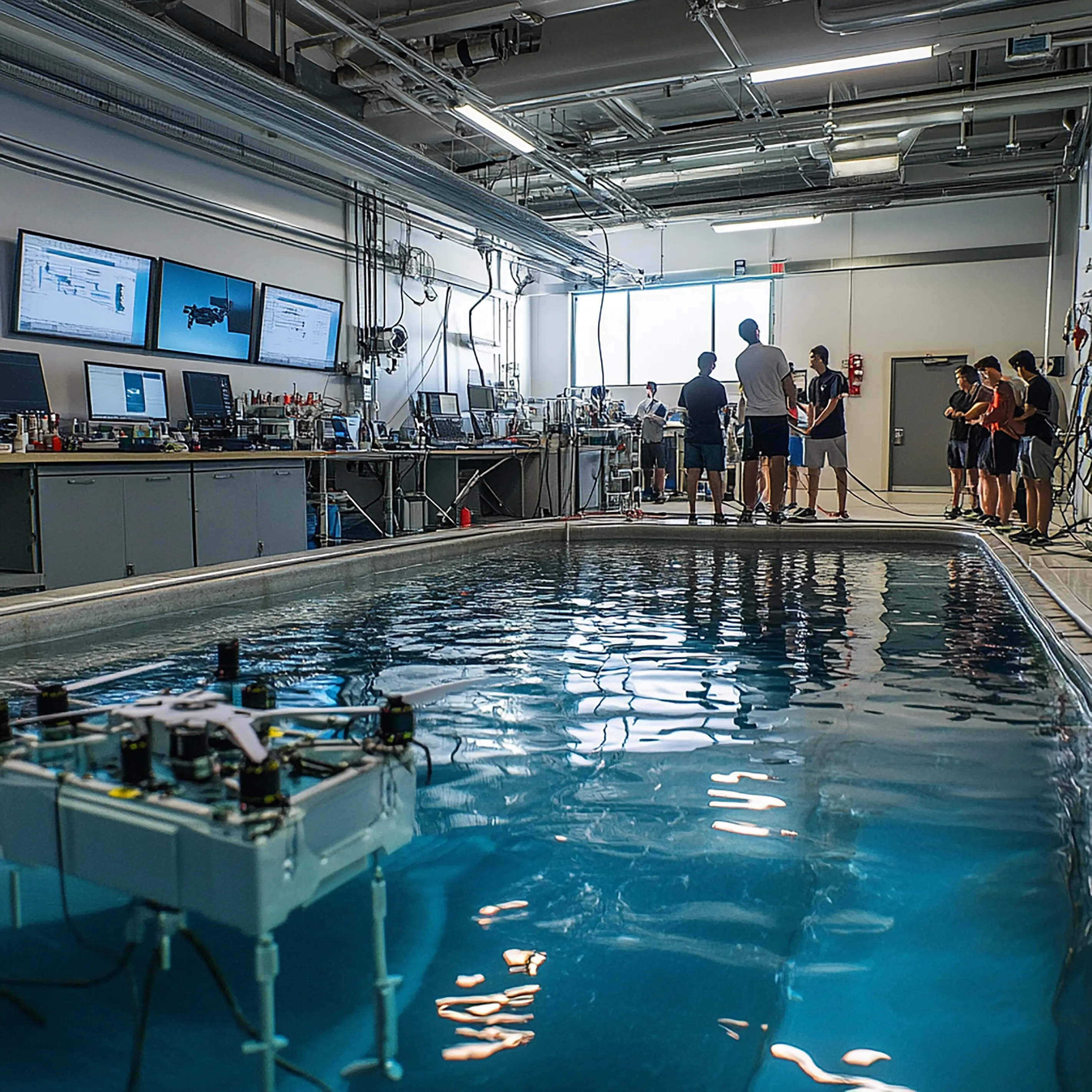 Studierende arbeiten in einem Labor für fortgeschrittene Unterwasserrobotik.