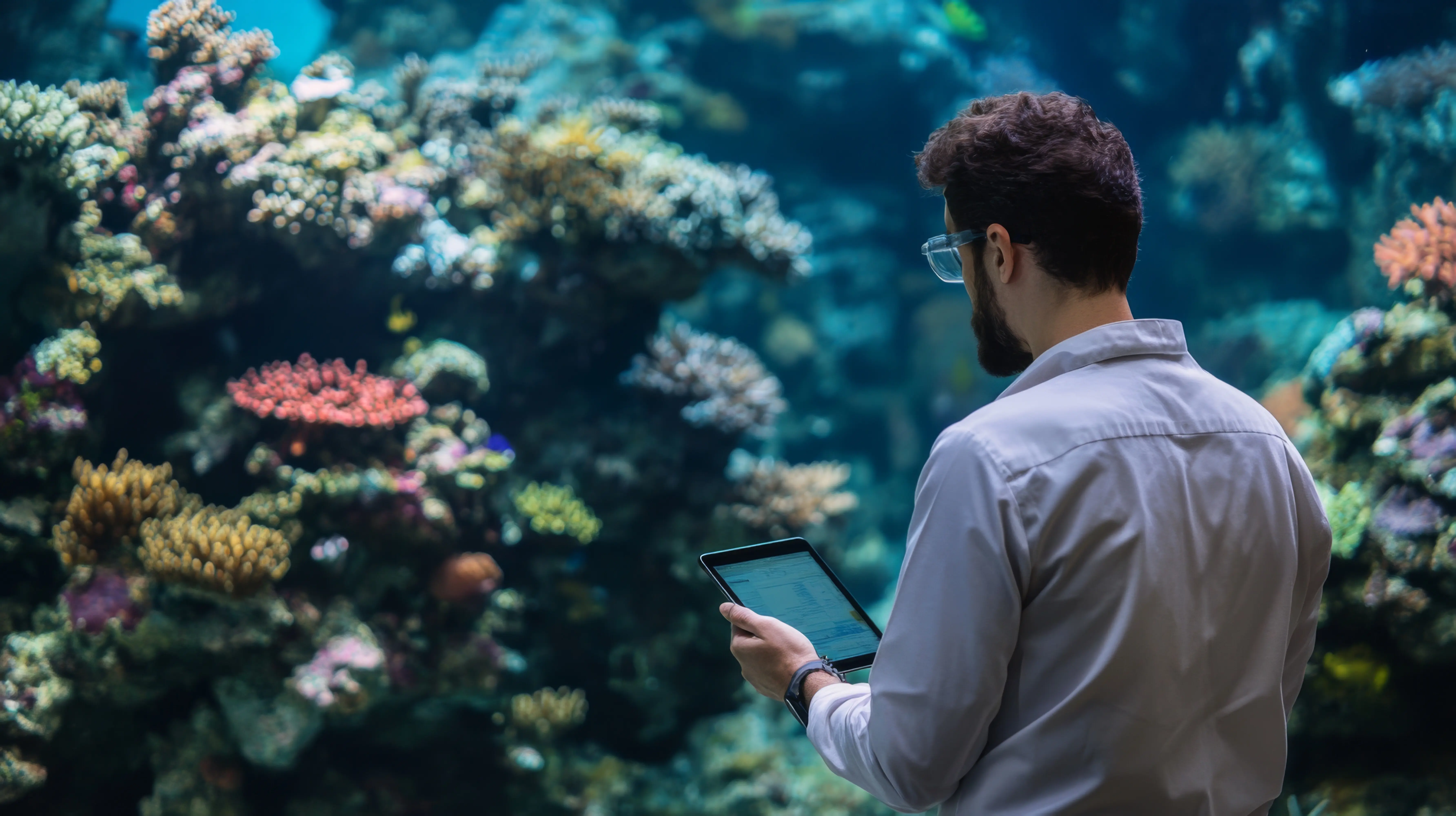 Mann im weißen Hemd mit Tablet betrachtet ein Aquarium
